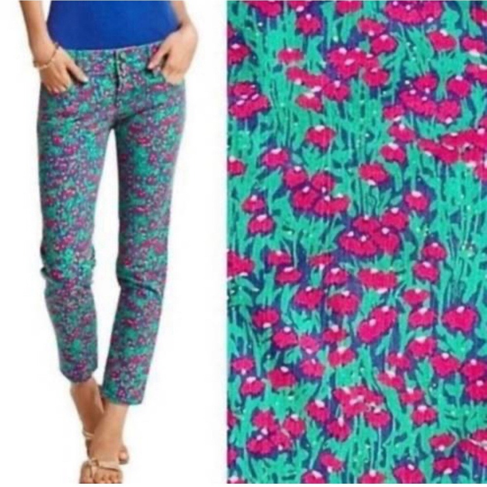 Lilly Pulitzer Worth Skinny Mini Pants Green Pink Floral Ankle Size 0